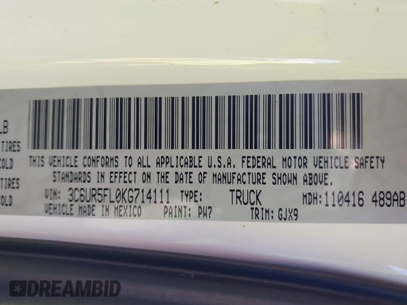 2019 Ram 2500 Laramie with VIN 3C6UR5FL0KG714111, listed as a IAAI auction lot 41630159 with 76,818 mi miles. Bid and sale history available at carsss.com. Image 9.