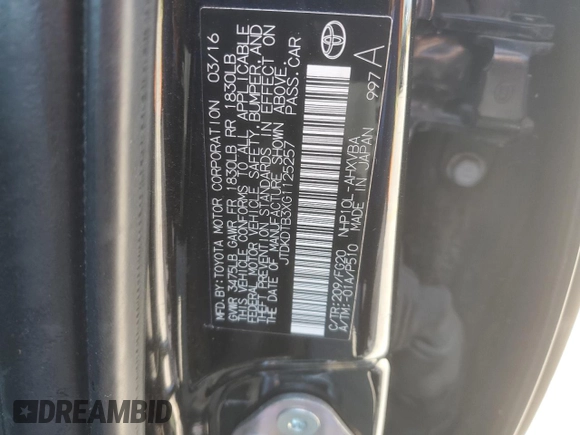 2016 Toyota Prius One with VIN JTDKDTB3XG1125257, listed as a Copart auction lot 52518595 with 100,621 mi miles and Clean Title. Bid and sale history available at DreamBid. Image 12.