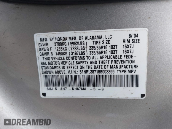 2005 Honda Odyssey EX-L with VIN 5FNRL38715B003399, listed as a IAAI auction lot 42589092 with 252,737 mi miles and . Bid and sale history available at DreamBid. Image 9.