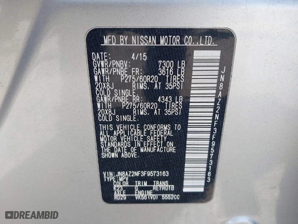 2015 Infiniti QX80 with VIN JN8AZ2NF3F9573163, listed as a IAAI auction lot 41749069 with 134,165 mi miles. Bid and sale history available at carsss.com. Image 9.