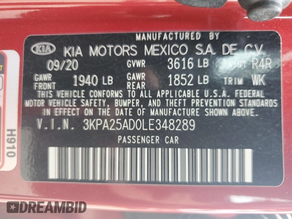 2020 Kia Rio S with VIN 3KPA25AD0LE348289, listed as a Copart auction lot 51843205 with 29,490 mi miles and Salvage Title. Bid and sale history available at DreamBid. Image 14.
