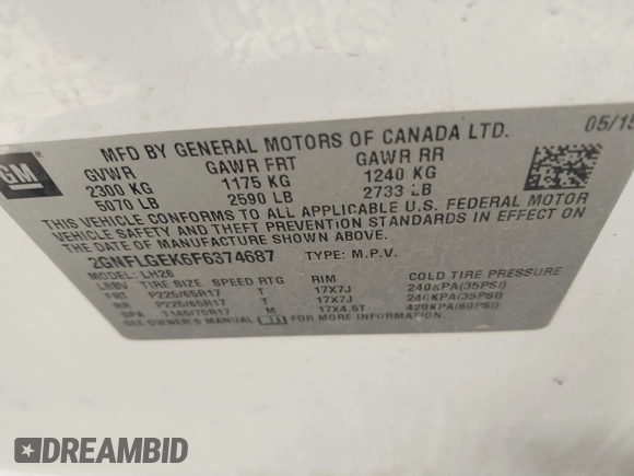 2015 Chevrolet Equinox LT with VIN 2GNFLGEK6F6374687, listed as a IAAI auction lot 41779165 with 192,248 mi miles. Bid and sale history available at carsss.com. Image 9.