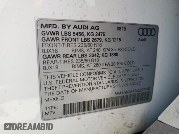 2018 Audi Q5 Premium with VIN WA1ANAFY2J2227182, listed as a Copart auction lot 60544075 with 33,851 mi miles and Salvage title. Bid and sale history available at DreamBid. Image 13.