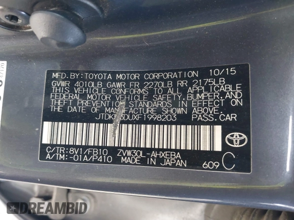 2015 Toyota Prius Four with VIN JTDKN3DUXF1998203, listed as a IAAI auction lot 41816444 with 99,839 mi miles. Bid and sale history available at carsss.com. Image 9.