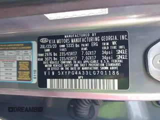 2020 Kia Sorento L with VIN 5XYPG4A33LG701186, listed as a IAAI auction lot 39941893 with 190,765 mi miles. Bid and sale history available at carsss.com. Image 9.