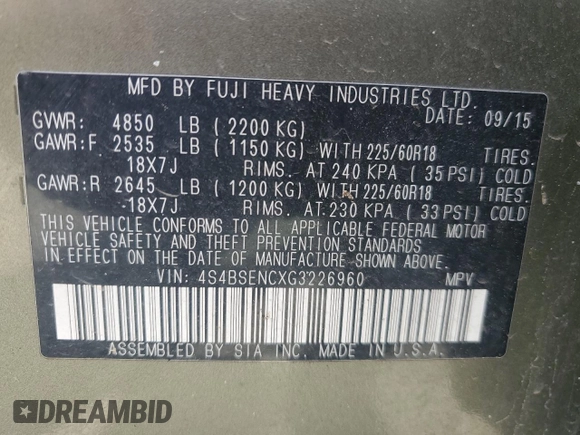 2016 Subaru Outback Limited with VIN 4S4BSENCXG3226960, listed as a Copart auction lot 57768185 with 201,303 mi miles and Salvage title. Bid and sale history available at DreamBid. Image 13.
