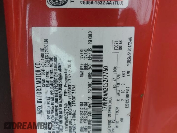 2012 Ford Mustang Premium with VIN 1ZVBP8AM2C5277760, listed as a Copart auction lot 59179115 with 160,360 mi miles and Salvage title. Bid and sale history available at DreamBid. Image 12.