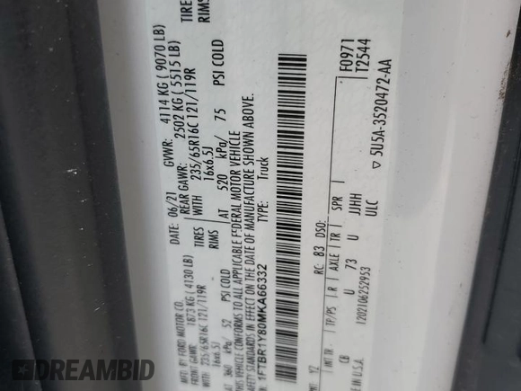 2021 Ford Transit Cargo with VIN 1FTBR1Y80MKA66332, listed as a Copart auction lot 60969155 with 160,742 mi miles and Salvage title. Bid and sale history available at DreamBid. Image 13.