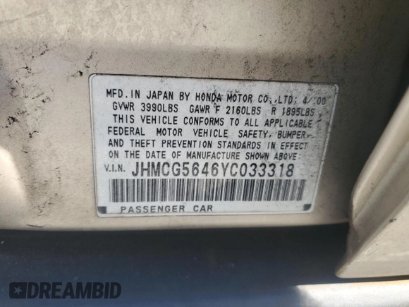 2000 Honda Accord LX z VIN JHMCG5646YC033318, wystawiony jako Copart lot #48492595 z przebiegiem 192 554 mil mil oraz Szkoda całkowita • Salvage title. Historia ofert i sprzedaży dostępna na DreamBid. Obrazek 15.
