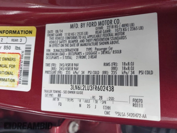 2015 Lincoln MKZ Hybrid with VIN 3LN6L2LU3FR602438, listed as a IAAI auction lot 42130400 with 115,317 mi miles. Bid and sale history available at carsss.com. Image 9.