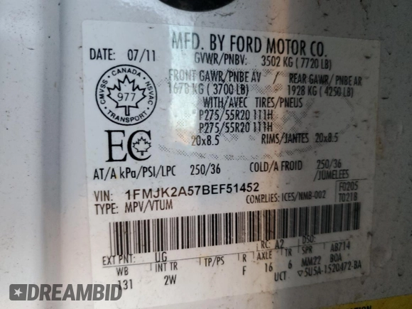 2011 Ford Expedition Max Limited with VIN 1FMJK2A57BEF51452, listed as a Copart auction lot 47983545 with Not provided miles and Clean title. Bid and sale history available at DreamBid. Image 14.