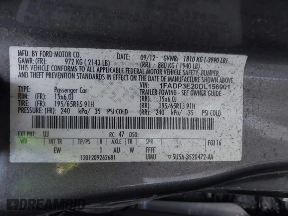 2013 Ford Focus S with VIN 1FADP3E20DL156901, listed as a IAAI auction lot 41784334 with 190,821 mi miles. Bid and sale history available at carsss.com. Image 9.