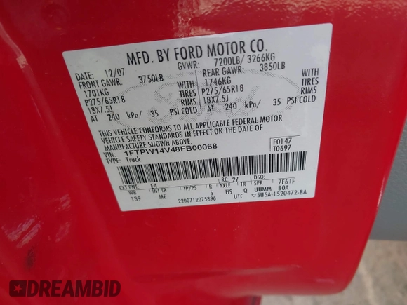 2008 Ford F-150 XLT с VIN 1FTPW14V48FB00068, выставлен на аукционе IAAI как лот 42863417 с пробегом 302 476 миль миль и . История ставок и продаж доступна на DreamBid. Изображение 9.