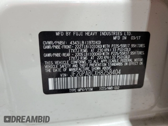 2017 Subaru Crosstrek Premium z VIN JF2GPABCXH8258404, wystawiony jako Copart lot #57782445 z przebiegiem 55 500 mil mil oraz Szkoda całkowita • Salvage title. Historia ofert i sprzedaży dostępna na DreamBid. Obrazek 14.
