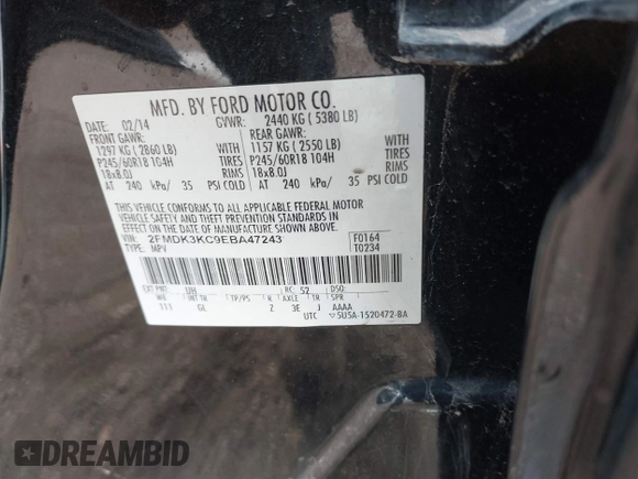 2014 Ford Edge Limited with VIN 2FMDK3KC9EBA47243, listed as a IAAI auction lot 41106854 with 232,065 mi miles. Bid and sale history available at carsss.com. Image 9.