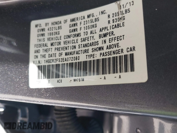 2014 Honda Accord Sedan Sport with VIN 1HGCR2F52EA072080, listed as a IAAI auction lot 42053217 with 233,485 mi miles. Bid and sale history available at carsss.com. Image 9.