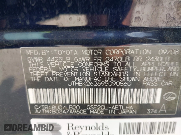2009 Lexus IS 250 with VIN JTHBK262695090860, listed as a IAAI auction lot 42156105 with 198,796 mi miles and . Bid and sale history available at DreamBid. Image 9.