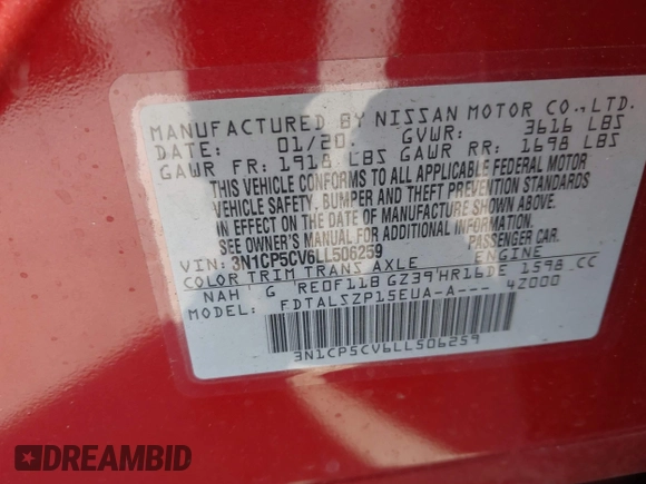 2020 Nissan Kicks SV with VIN 3N1CP5CV6LL506259, listed as a IAAI auction lot 41558197 with Not Provided miles. Bid and sale history available at carsss.com. Image 9.