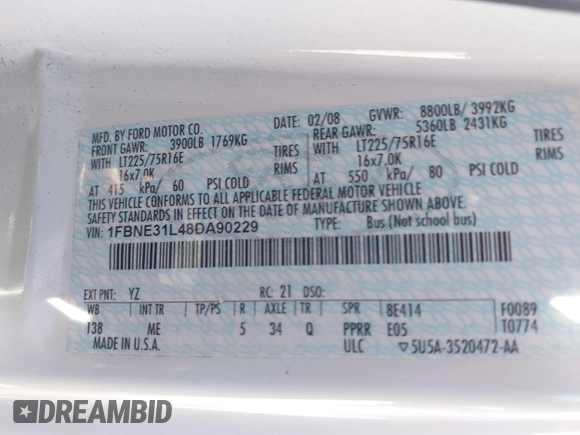 2008 Ford Econoline Passenger XL with VIN 1FBNE31L48DA90229, listed as a IAAI auction lot 41449121 with 223,130 mi miles and . Bid and sale history available at carsss.com. Image 9.