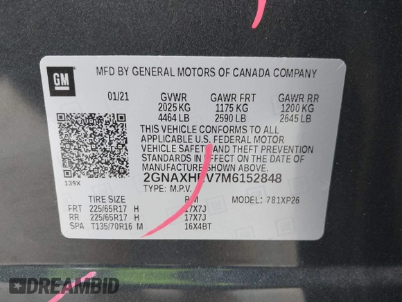 2021 Chevrolet Equinox LS with VIN 2GNAXHEV7M6152848, listed as a IAAI auction lot 41765165 with 74,659 mi miles. Bid and sale history available at carsss.com. Image 9.