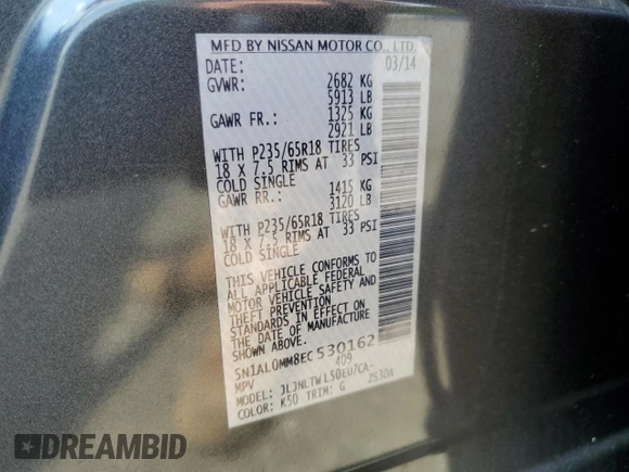 2014 Infiniti QX60 with VIN 5N1AL0MM8EC530162, listed as a Copart auction lot 64477165 with 106,642 mi miles and Salvage title. Bid and sale history available at DreamBid. Image 13.
