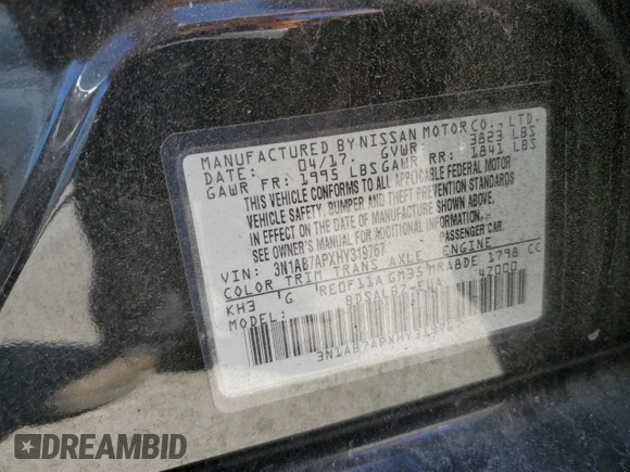 2017 Nissan Sentra SR with VIN 3N1AB7APXHY319767, listed as a Copart auction lot 48379535 with 109,504 mi miles and Salvage Title. Bid and sale history available at DreamBid. Image 13.
