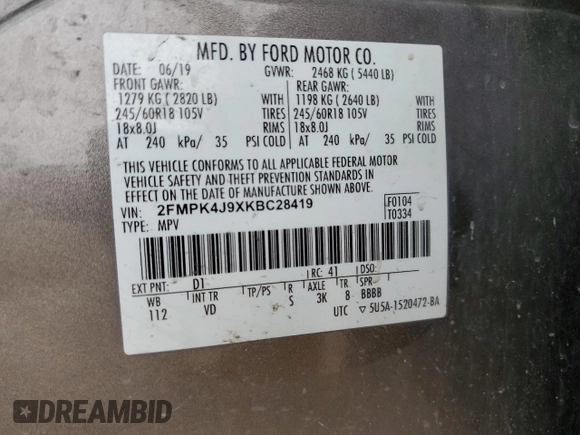 2019 Ford Edge SEL with VIN 2FMPK4J9XKBC28419, listed as a Copart auction lot 53638545 with 170,073 mi miles and Clean Title. Bid and sale history available at carsss.com. Image 13.