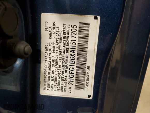 2010 Honda Civic Cpe LX with VIN 2HGFG1B6XAH517205, listed as a Copart auction lot 67322024 with 265,262 mi miles and Salvage Title. Bid and sale history available at carsss.com. Image 12.