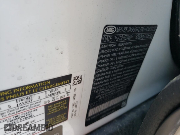 2020 Land Rover Range Rover Autobiography with VIN SALGV5SEXLA586171, listed as a Copart auction lot 63666924 with Not provided miles and Salvage title. Bid and sale history available at DreamBid. Image 13.