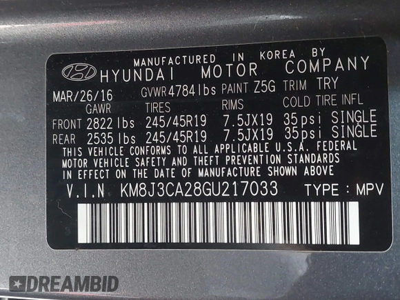 2016 Hyundai Tucson Eco with VIN KM8J3CA28GU217033, listed as a IAAI auction lot 41476238 with 76,311 mi miles. Bid and sale history available at carsss.com. Image 9.
