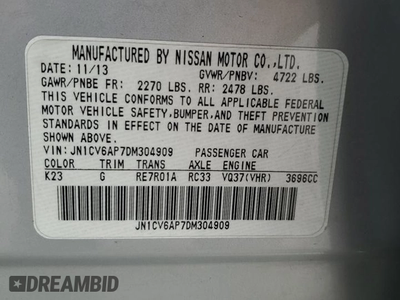 2013 Infiniti G37 Journey with VIN JN1CV6AP7DM304909, listed as a Copart auction lot 51090925 with Not Provided miles and Salvage Title. Bid and sale history available at DreamBid. Image 13.