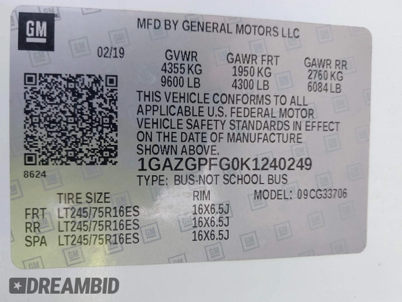 2019 Chevrolet Express Passenger LT with VIN 1GAZGPFG0K1240249, listed as a IAAI auction lot 42388617 with 109,428 mi miles and . Bid and sale history available at DreamBid. Image 9.