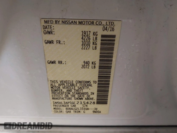 2016 Nissan Altima SV with VIN 1N4AL3AP5GC215428, listed as a IAAI auction lot 41712804 with 94,526 mi miles and . Bid and sale history available at DreamBid. Image 9.