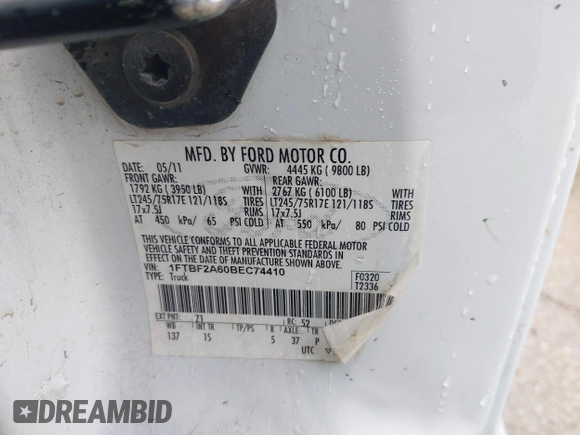 2011 Ford F-250 XL with VIN 1FTBF2A60BEC74410, listed as a IAAI auction lot 42175449 with 147,590 mi miles and . Bid and sale history available at DreamBid. Image 9.