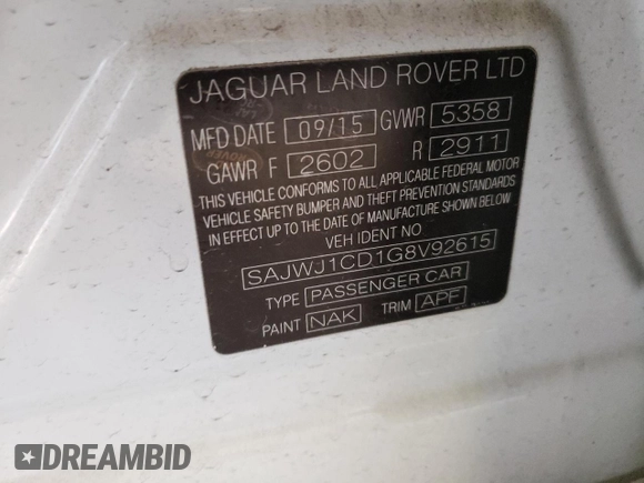 2016 Jaguar XJ R-Sport with VIN SAJWJ1CD1G8V92615, listed as a Copart auction lot 79531373 with 108,166 mi miles and . Bid and sale history available at DreamBid. Image 13.