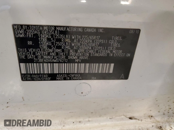 2010 Toyota RAV4 with VIN 2T3BF4DV6AW076212, listed as a Copart auction lot 48703835 with 169,821 mi miles and Salvage Title. Bid and sale history available at carsss.com. Image 13.