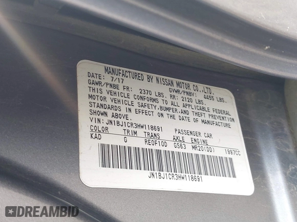 2017 Nissan Rogue Sport SL with VIN JN1BJ1CR3HW118691, listed as a IAAI auction lot 41532605 with 107,025 mi miles. Bid and sale history available at carsss.com. Image 9.
