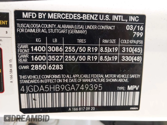 2016 Mercedes-Benz GLE 350 with VIN 4JGDA5HB9GA749395, listed as a IAAI auction lot 42346054 with 218,969 mi miles and . Bid and sale history available at DreamBid. Image 9.