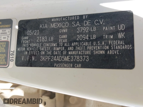2021 Kia Forte LXS с VIN 3KPF24AD5ME378373, выставлен на аукционе IAAI как лот 42117497 с пробегом 66 934 миль миль и . История ставок и продаж доступна на DreamBid. Изображение 9.