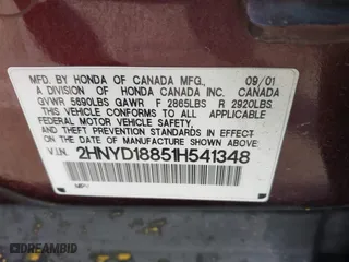 2001 Acura MDX Touring Pkg with VIN 2HNYD18851H541348, listed as a IAAI auction lot 42100858 with 320,332 mi miles. Bid and sale history available at carsss.com. Image 9.