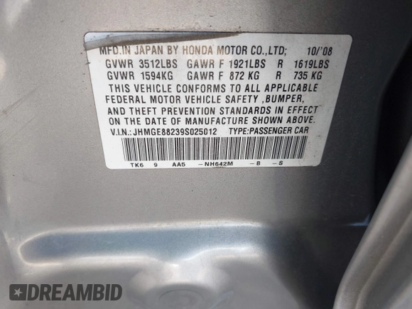 2009 Honda Fit with VIN JHMGE88239S025012, listed as a IAAI auction lot 42584028 with 163,965 mi miles and . Bid and sale history available at DreamBid. Image 9.