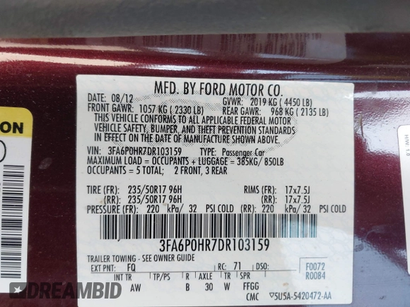 2013 Ford Fusion SE with VIN 3FA6P0HR7DR103159, listed as a IAAI auction lot 42272784 with 85,627 mi miles and . Bid and sale history available at DreamBid. Image 9.