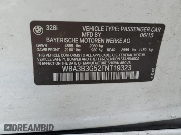 2015 BMW 3 Series 328i xDrive with VIN WBA3B3G52FNT19323, listed as a Copart auction lot 61873015 with 110,893 mi miles and Salvage title. Bid and sale history available at DreamBid. Image 12.