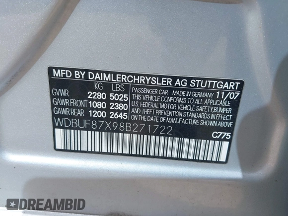2008 Mercedes-Benz E 350 Luxury with VIN WDBUF87X98B271722, listed as a IAAI auction lot 42043577 with 177,856 mi miles and . Bid and sale history available at DreamBid. Image 9.