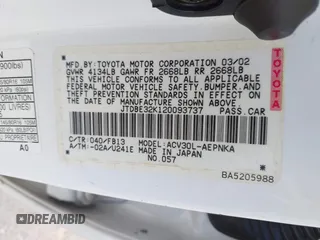 2002 Toyota Camry LE z VIN JTDBE32K120093737, wystawiony jako IAAI lot #41214245 z przebiegiem Nie podano mil oraz . Historia ofert i sprzedaży dostępna na DreamBid. Obrazek 9.