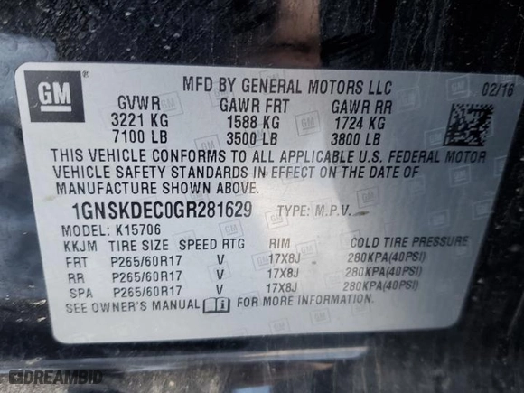 2016 Chevrolet Tahoe Commercial with VIN 1GNSKDEC0GR281629, listed as a Copart auction lot 45089465 with 166,485 mi miles and Clean Title. Bid and sale history available at carsss.com. Image 13.