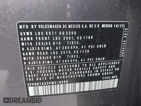 2023 Volkswagen Tiguan SE R-Line Black with VIN 3VV8B7AX3PM018096, listed as a IAAI auction lot 42174933 with 25,742 mi miles and . Bid and sale history available at DreamBid. Image 9.