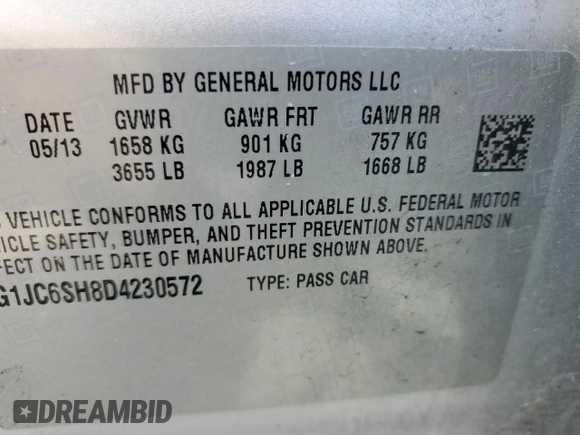 2013 Chevrolet Sonic LT with VIN 1G1JC6SH8D4230572, listed as a Copart auction lot 52034505 with 173,553 mi miles and Clean Title. Bid and sale history available at carsss.com. Image 12.