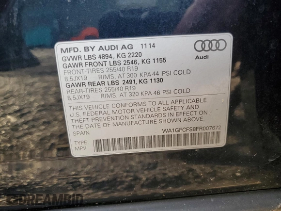 2015 Audi Q3 2.0T Prestige with VIN WA1GFCFS8FR007672, listed as a Copart auction lot 83324044 with 0 mi miles and Salvage Title. Bid and sale history available at carsss.com. Image 13.