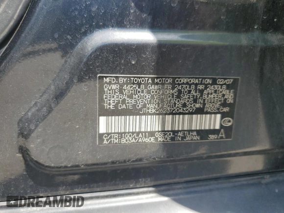 2007 Lexus IS 250 with VIN JTHBK262372043297, listed as a Copart auction lot 65295745 with 174,175 mi miles and Salvage title. Bid and sale history available at DreamBid. Image 12.